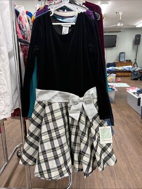 Bonnie Jean Black Velvet Top Ivory Plaid Skirt Dress with Silver Bow